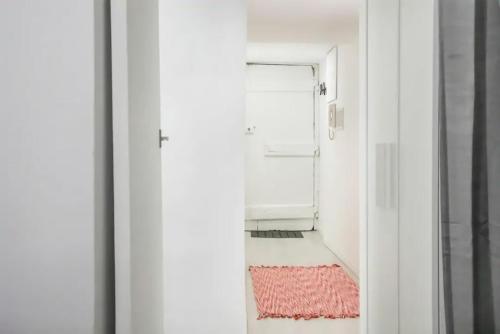 un pasillo con una puerta blanca y una alfombra roja en HOME4U - Secret Studio in City Center, en Lisboa