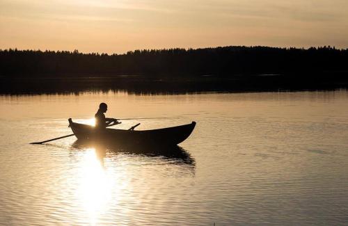 a man is rowing a boat on a lake at Herranniemi Guesthouse in Vuonislahti