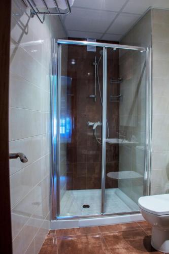 a glass shower in a bathroom with a toilet at Hotel Mabú in Ourense