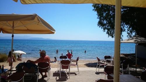 a man sitting at a table on the beach at Calypso Apartments in Artemida