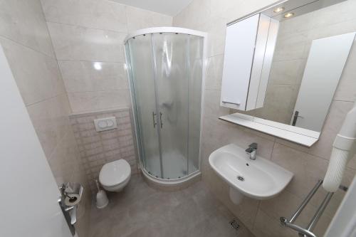 a bathroom with a shower and a toilet and a sink at Ribičić Guesthouse in Brela