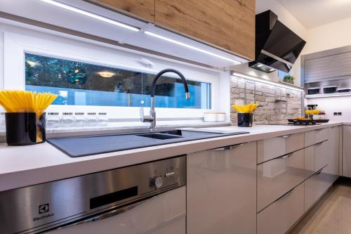a kitchen with stainless steel appliances and a window at Villa Zarra in Klimno