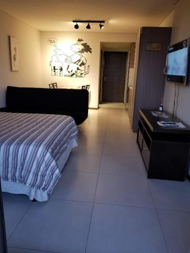 a bedroom with a bed and a desk and a television at Condominio del alto 3 in Rosario