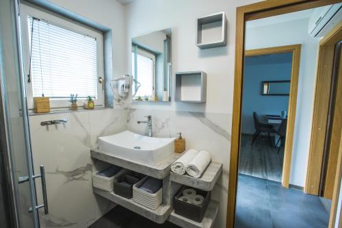 un bagno con un lavandino bianco e uno specchio di Apartment Ma&Ja with Hot Tub a Metlika