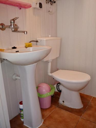 a bathroom with a sink and a toilet at Domki letniskowe U GOSI in Trzęsacz