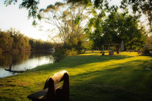 a person sitting on a bench near a body of water at Cadell On The Murray Motel in Moama