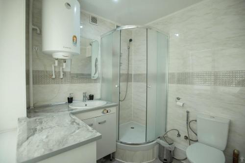 y baño con ducha, aseo y lavamanos. en Apartments-studio on Gogolya en Kropyvnytskyi