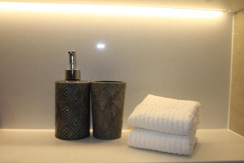 a bathroom with a blow dryer and a stack of towels at Stunning Views Sydney Olympic Park in Sydney