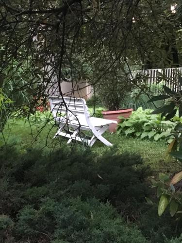 a white chair hanging from a tree in a yard at Szem-s Vendégház in Balatonszemes