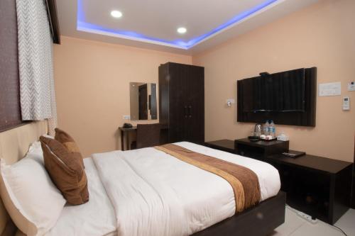 a bedroom with a large bed and a television at Annapurna Hotel in Bīrganj
