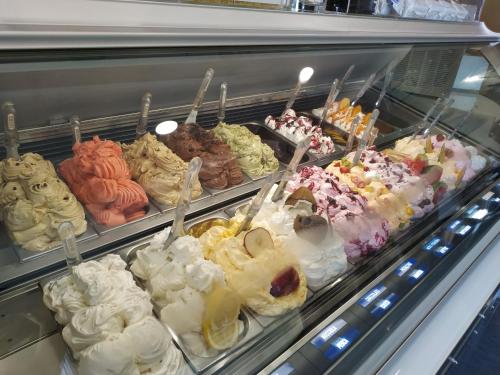 una vetrina piena di diversi tipi di gelato di Aspra al delfino blu a Bagheria