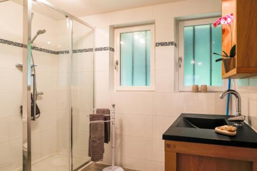 a bathroom with a shower and a sink at Country House - La Charbonnière in Continvoir