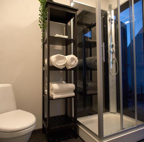 a bathroom with a shower with a toilet and towels at Greenhouse Apartments in Jūrmala