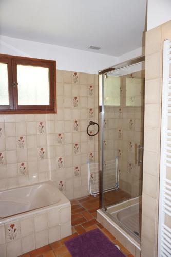 une salle de bain avec douche et baignoire dans l'établissement Gite Villa des Sources, à Les Granges-Gontardes