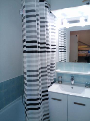 une salle de bain avec un lavabo, une baignoire et un miroir dans l'établissement Appartement T2 à BERNEX avec WiFi, vue sur montagne, à Bernex