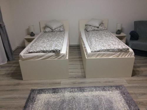 two twin beds in a room with a rug at Warm Studio in Sibiu