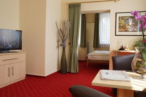 a hotel room with a television and a table with chairs at Hotel Riemann in Bad Lauterberg