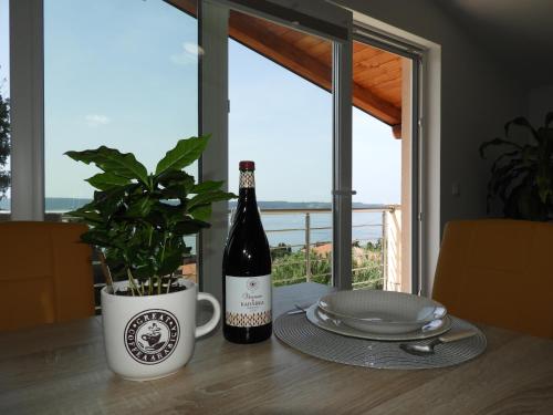 a bottle of wine sitting on a table with a plant at Red Rose Apartment in Portorož