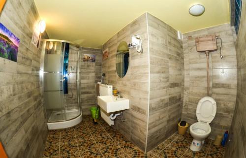 a bathroom with a sink and a toilet and a shower at Malom Apartman in Derekegyház