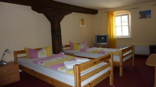 two twin beds in a room with a tv at Altstadt Pension Hafenblick in Stralsund