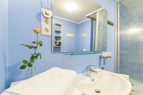 a blue bathroom with a sink and a mirror at Vogelhaus Gobbin in Lancken-Granitz