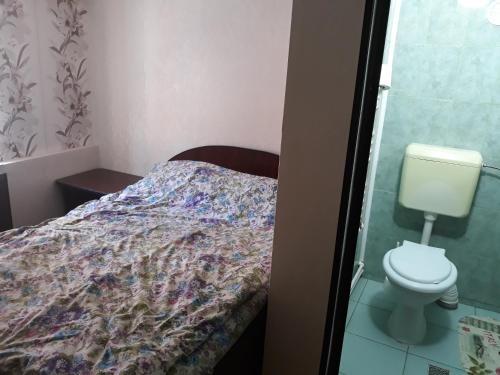 a small bedroom with a bed and a toilet at Pensiunea Red Rock in Piatra Neamţ
