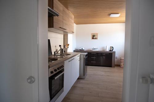 a kitchen with a sink and a stove top oven at Wohlfühloase Brombachsee in Pleinfeld