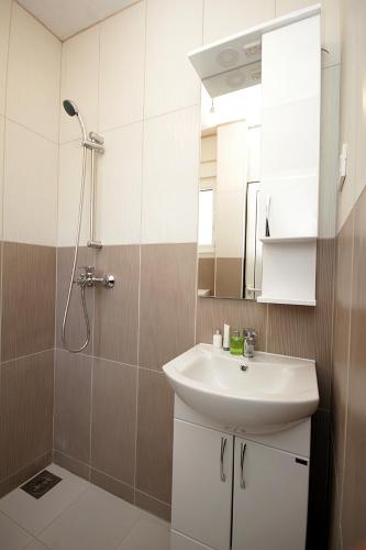 a bathroom with a sink and a shower at Rosi`s Apartment in Sutomore