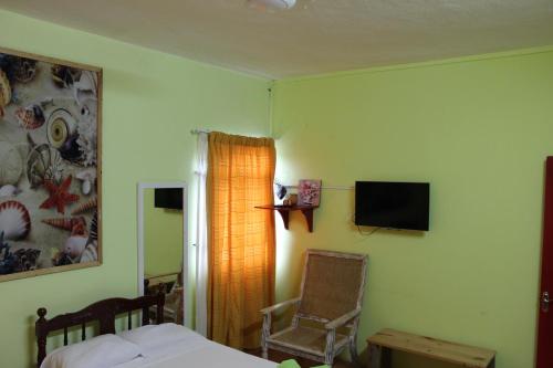 a bedroom with a bed and a chair and a television at SM Lodge in Trou dʼ Eau Douce