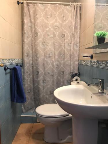 LajitaにあるAndres First Houseのバスルーム(洗面台、トイレ、シャワーカーテン付)