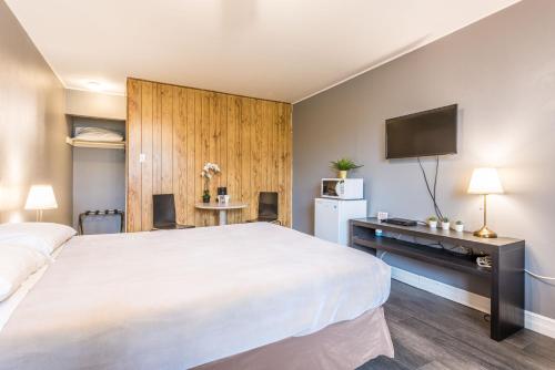 a hotel room with a large bed and a television at Lake City Motel in Halifax