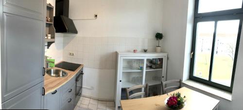 uma pequena cozinha com um lavatório e uma mesa em Kaßberg-Apartment am Puls der Stadt em Chemnitz