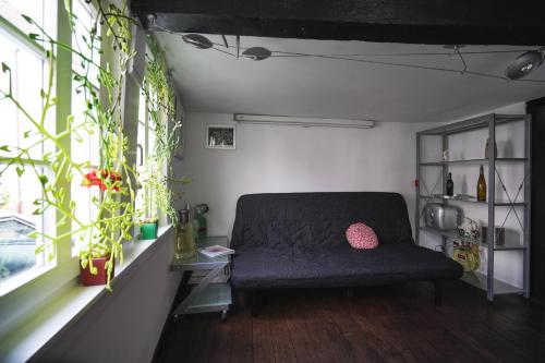 a living room with a couch in a room with windows at Hexenhäuschen Dreieichenhain in Dreieich