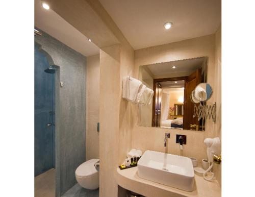 a bathroom with a sink and a toilet and a shower at In Camera Art Boutique Hotel in Rhodes Town