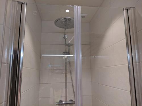 a shower with a glass door in a bathroom at Terrasses de Malmedy H&H in Malmedy
