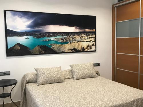 een slaapkamer met een bed en een foto aan de muur bij Apartamento Sierra Espuña in Alhama de Murcia