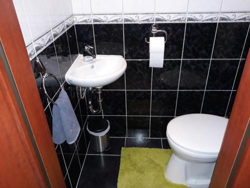 a black tiled bathroom with a toilet and a sink at SaMuci Apartman in Hajdúszoboszló