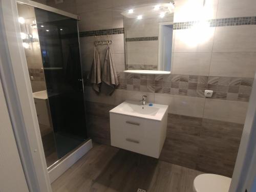 a bathroom with a sink and a shower at Apartament 42C in Ciechocinek