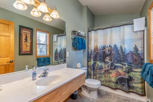 a bathroom with a sink and a shower curtain at Stonebrook Resort - Adult Only in Estes Park