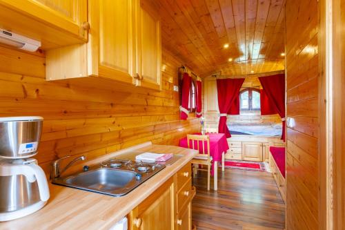 eine Küche mit Holzwänden und einer Theke mit einer Spüle in der Unterkunft Roulotte-Quinta in Blandas