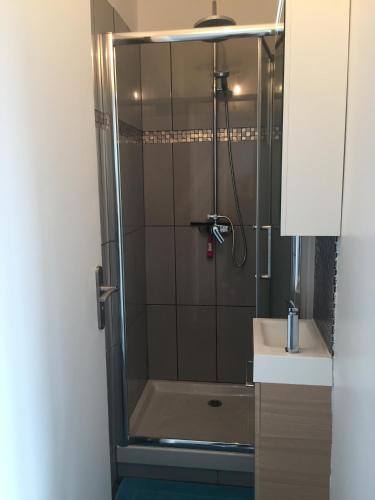 une salle de bain avec douche et lavabo dans l'établissement la petite jungle, à Calais