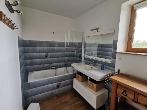 a bathroom with a tub and a sink and a mirror at La Vallée in Saint-Pierre-Langers