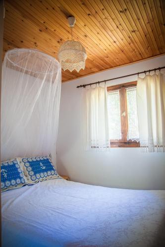 a bedroom with a bed with a mosquito net at Estate Irene in Alexandroupoli