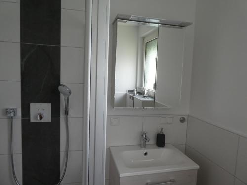 a white bathroom with a sink and a mirror at Ferienwohnung Mainz-Weisenau in Mainz