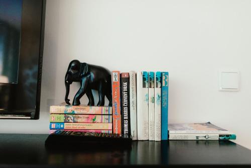 a stack of books with a statue of a dog on top at Old Town Apartment Pellicova in Brno