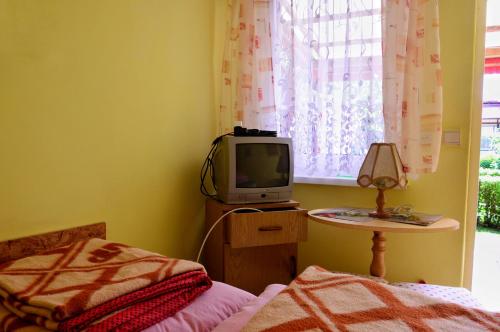 a room with two beds and a tv and a window at Domki letniskowe U GOSI in Trzęsacz