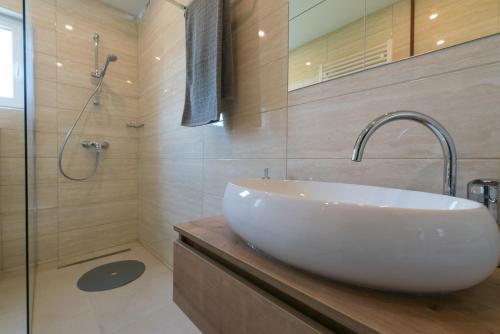 a bathroom with a white sink and a shower at Holiday home Wisteria in Velika Ludina