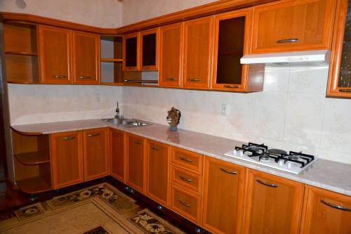 a kitchen with wooden cabinets and a sink and a stove at Astoria B&B in Osh