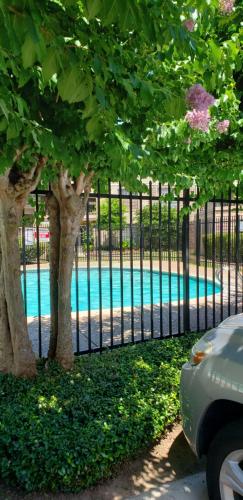 a fence with trees in front of a swimming pool at Cozy Condo in Houston