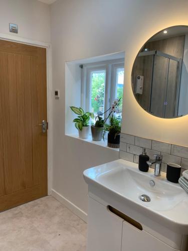 a bathroom with a sink and a mirror at The Folly in Ludlow